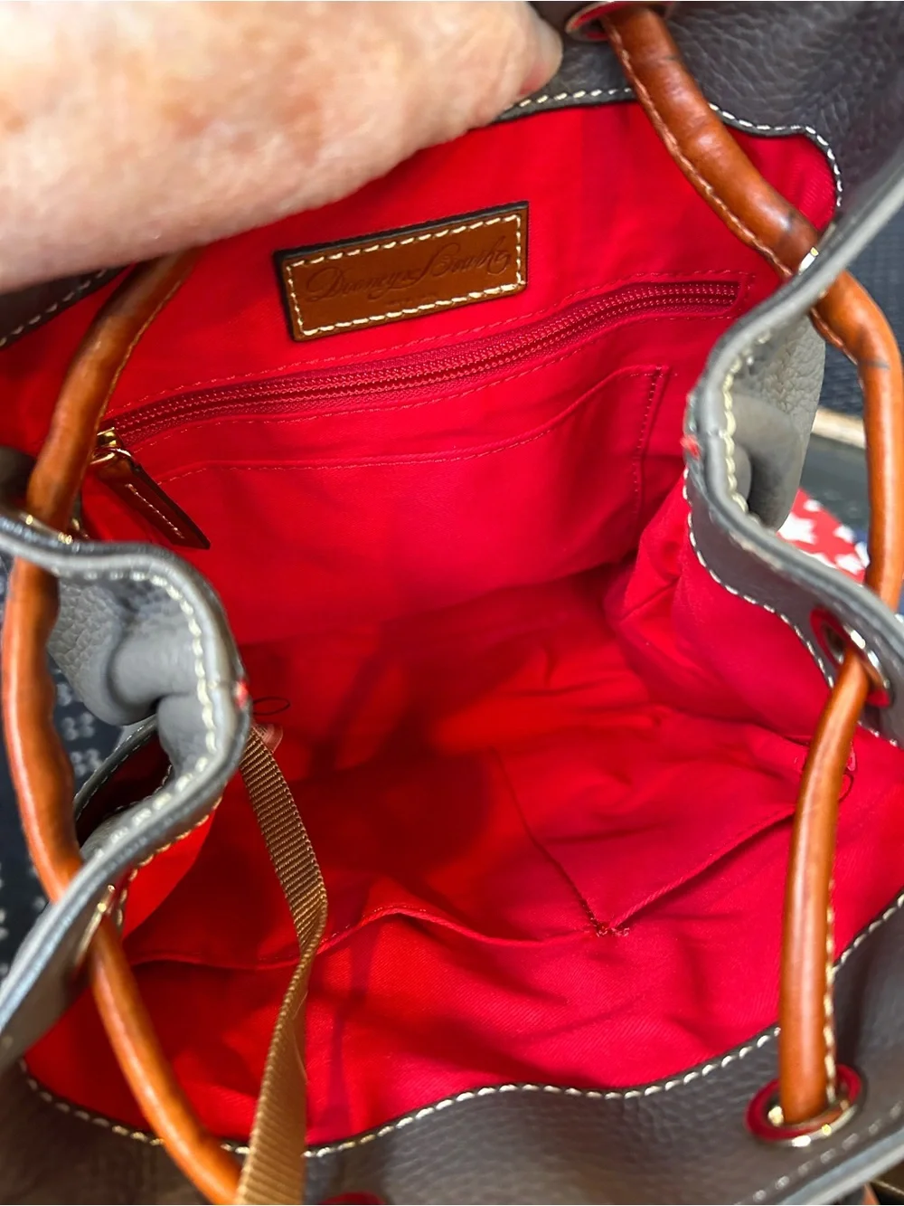 Women’s Taupe Leather Dooney & Bourke Small Backpack with Brown Tassel Accents